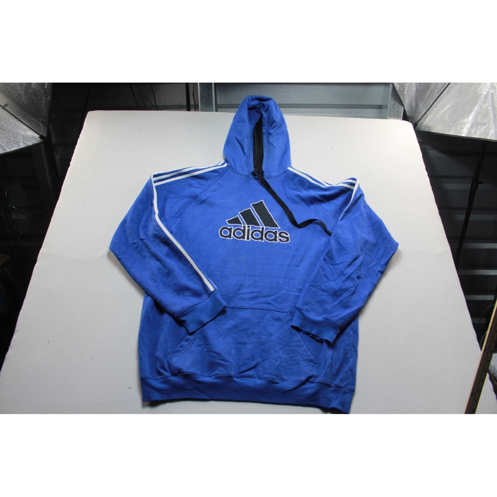 Adidas Hoodie Mens Double Extra Large Blue Excellent Pullover 3 Stripe Logo